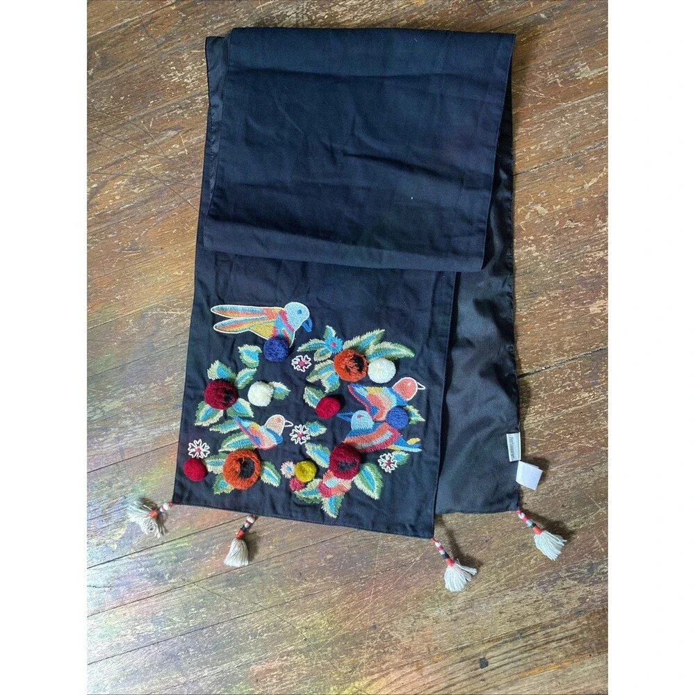 Pier 1 PomPoms & Embroidered Tropical Birds Black Background 72